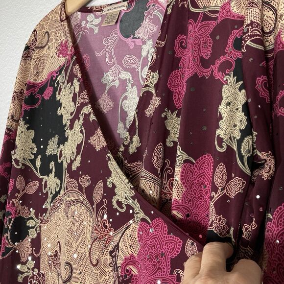 Y2K Top L Dark Paisley Floral Fairy Whimsigoth V-neck Faux Wrap Sparkle Dots - Picture 8 of 13